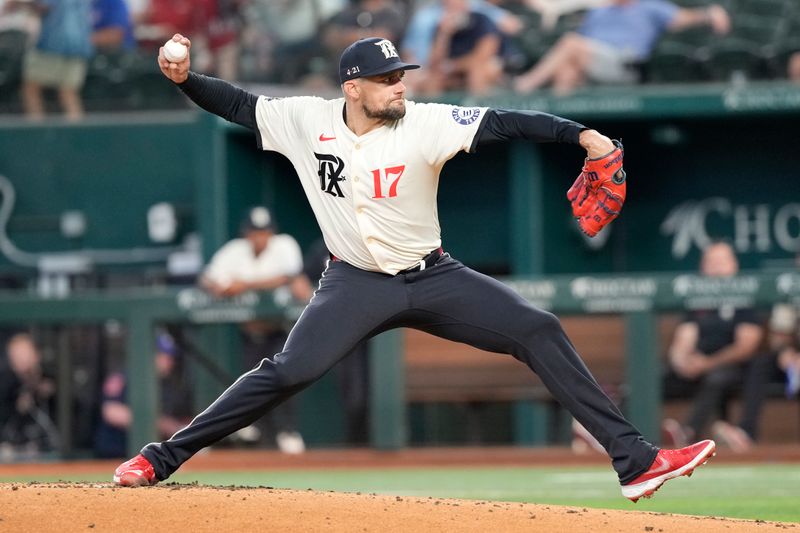 Jun 21, 2024; Arlington, Texas, USA; Texas Rangers starting pitcher Nathan Eovaldi (17) delivers a pitch to the Kansas City Royals during the first inning at Globe Life Field. Mandatory Credit: Jim Cowsert-USA TODAY Sports