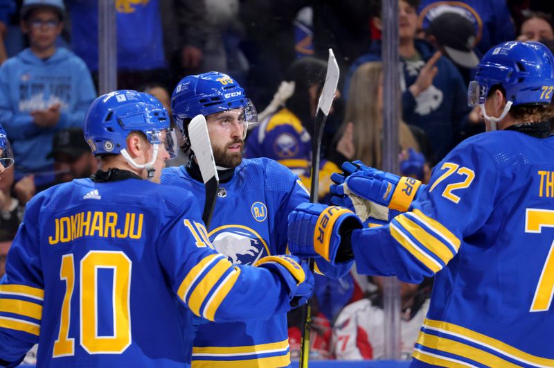 Apr 11, 2024; Buffalo, New York, USA;  Buffalo Sabres right wing Alex Tuch (89) celebrates his goal with teammates during the second period against the Washington Capitals at KeyBank Center. Mandatory Credit: Timothy T. Ludwig-USA TODAY Sports