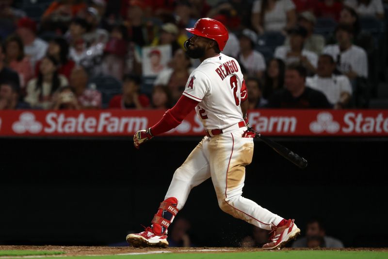 Sep 6, 2023; Anaheim, California, USA;  Los Angeles Angels shortstop Luis Rengifo (2) hits a 2-run home run during the third inning against the Baltimore Orioles at Angel Stadium. Mandatory Credit: Kiyoshi Mio-USA TODAY Sports