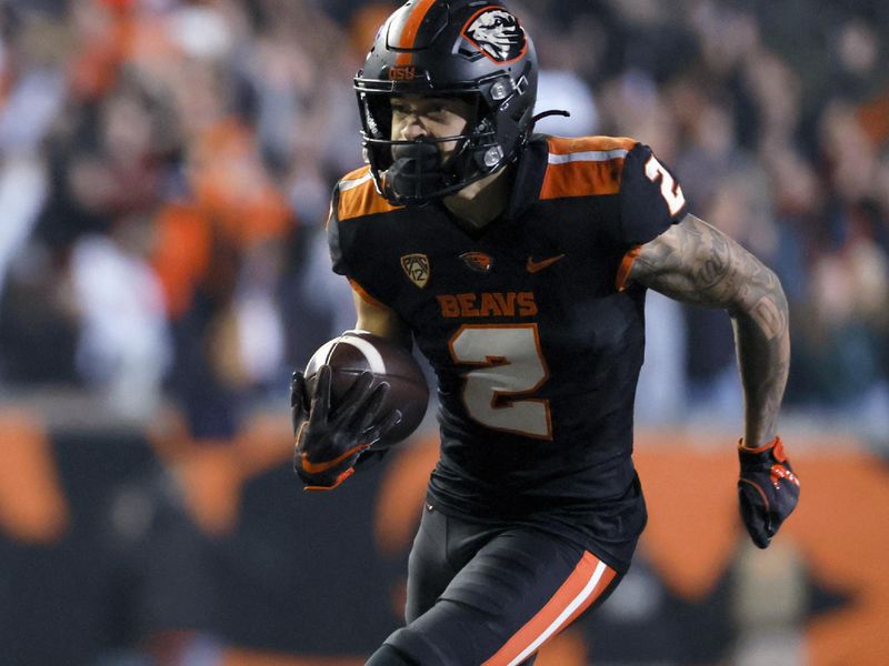 Nov 12, 2022; Corvallis, Oregon, USA; Oregon State Beavers wide receiver Anthony Gould (2) runs the ball for a touchdown during the first half against the California Golden Bears at Reser Stadium. Mandatory Credit: Soobum Im-USA TODAY Sports