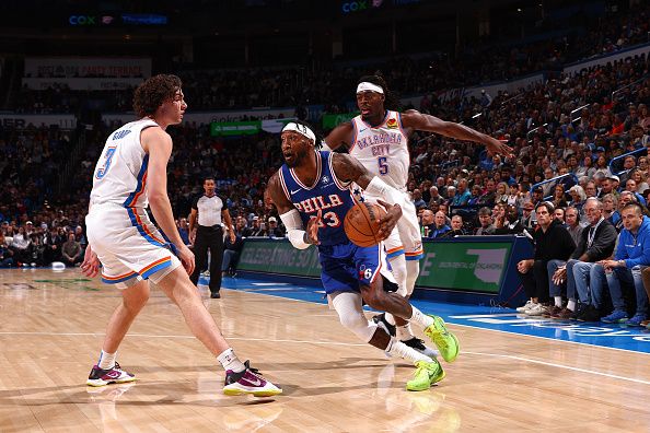 OKLAHOMA CITY, OK - NOVEMBER 25:  Robert Covington #33 of the Philadelphia 76ers drives to the basket during the game against the Oklahoma City Thunder on November 25, 2023 at Paycom Arena in Oklahoma City, Oklahoma. NOTE TO USER: User expressly acknowledges and agrees that, by downloading and or using this photograph, User is consenting to the terms and conditions of the Getty Images License Agreement. Mandatory Copyright Notice: Copyright 2023 NBAE (Photo by Zach Beeker/NBAE via Getty Images)