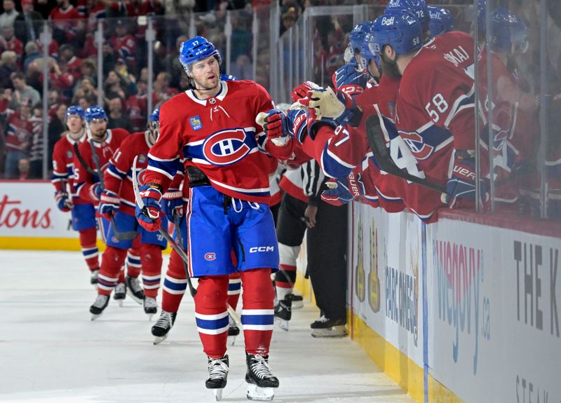 Mar 18, 2025; Montreal, Quebec, CAN; Montreal Canadiens forward Josh Anderson (17) celebrates with teammates after scoring a goal against the Ottawa Senators during the third period at the Bell Centre. Mandatory Credit: Eric Bolte-Imagn Images