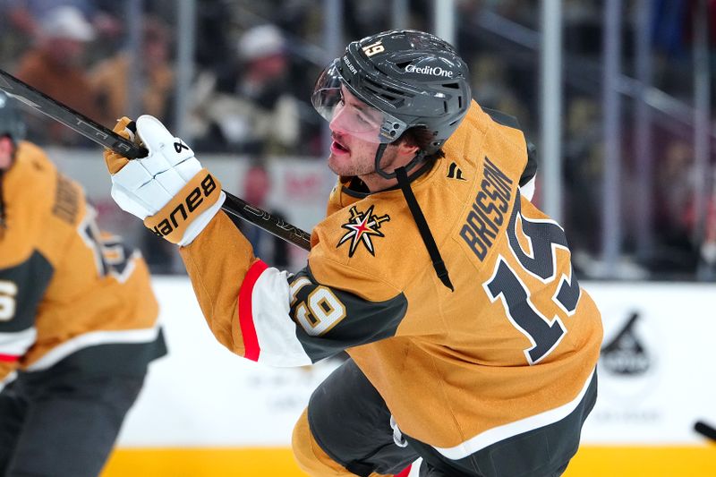 Oct 26, 2024; Las Vegas, Nevada, USA; Vegas Golden Knights center Brendan Brisson (19) warms up before a game against the San Jose Sharks at T-Mobile Arena. Mandatory Credit: Stephen R. Sylvanie-Imagn Images