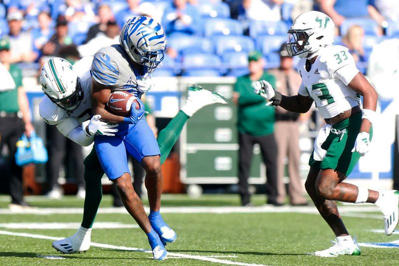 Nov 4, 2023; Memphis, Tennessee, USA;  Memphis Tigers  Demeer Blankumsee (0) catches the ball against South Florida at Simmons Bank Liberty Stadium. Mandatory Credit: Stu Boyd II-USA TODAY Sports