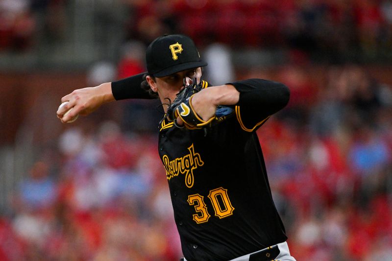 Sep 16, 2024; St. Louis, Missouri, USA; Pittsburgh Pirates starting pitcher Paul Skenes (30) pitches against the St. Louis Cardinals during the first inning at Busch Stadium. Mandatory Credit: Jeff Curry-Imagn Images