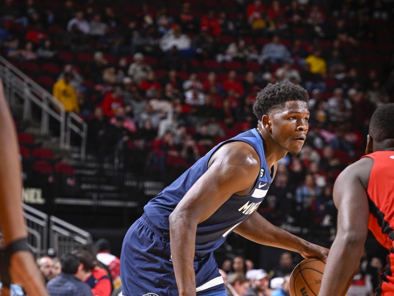 HOUSTON, TX - JANUARY 23:   Anthony Edwards #1 of the Minnesota Timberwolves drives to the basket during the game against the  Houston Rockets on January 23, 2023 at the Toyota Center in Houston, Texas. NOTE TO USER: User expressly acknowledges and agrees that, by downloading and or using this photograph, User is consenting to the terms and conditions of the Getty Images License Agreement. Mandatory Copyright Notice: Copyright 2023 NBAE (Photo by Logan Riely/NBAE via Getty Images)