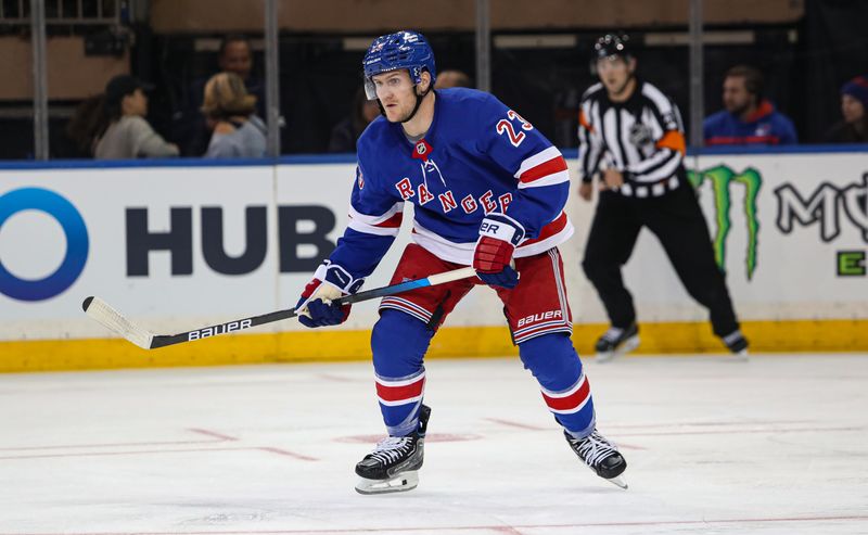 Sep 24, 2024; New York, New York, USA; New York Rangers defenseman Adam Fox (23) skates against the New York Islanders during the second period at Madison Square Garden. Mandatory Credit: Danny Wild-Imagn Images