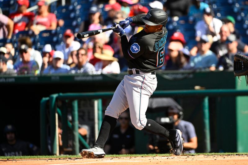 Sep 2, 2023; Washington, District of Columbia, USA; Miami Marlins second baseman Xavier Edwards (63) hits a double against the Washington Nationals during the second inningat Nationals Park. Mandatory Credit: Brad Mills-USA TODAY Sports