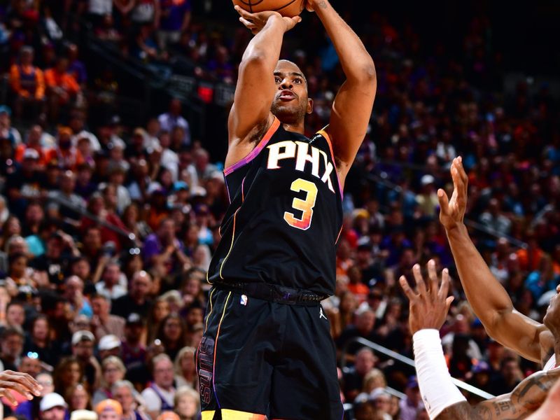 PHOENIX, AZ - APRIL 16:  Chris Paul #3 of the Phoenix Suns shoots the ball during the game During round one game one of the 2023 NBA Playoffs on April 16, 2023 at Footprint Center in Phoenix, Arizona. NOTE TO USER: User expressly acknowledges and agrees that, by downloading and or using this photograph, user is consenting to the terms and conditions of the Getty Images License Agreement. Mandatory Copyright Notice: Copyright 2023 NBAE (Photo by Barry Gossage/NBAE via Getty Images)