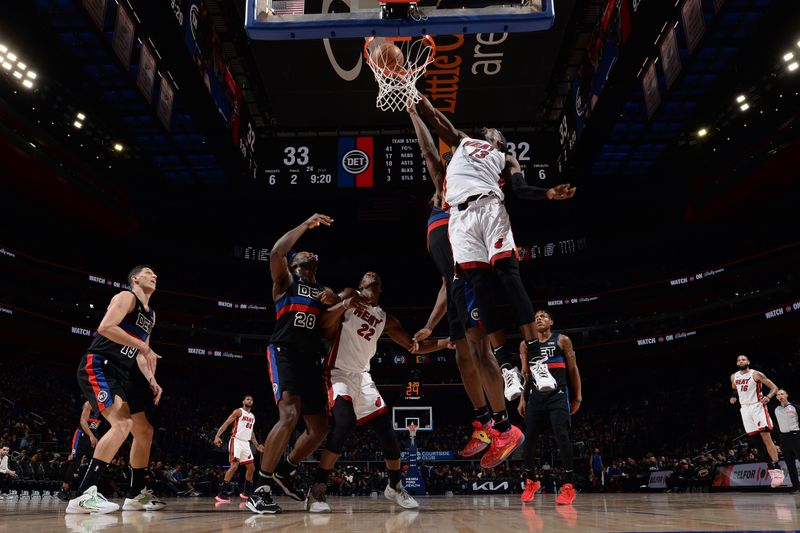 DETROIT, MI - MARCH 15: Bam Adebayo #13 of the Miami Heat drives to the basket during the game against the Detroit Pistons on March 15, 2024 at Little Caesars Arena in Detroit, Michigan. NOTE TO USER: User expressly acknowledges and agrees that, by downloading and/or using this photograph, User is consenting to the terms and conditions of the Getty Images License Agreement. Mandatory Copyright Notice: Copyright 2024 NBAE (Photo by Chris Schwegler/NBAE via Getty Images)