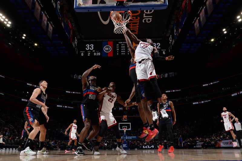 DETROIT, MI - MARCH 15: Bam Adebayo #13 of the Miami Heat drives to the basket during the game against the Detroit Pistons on March 15, 2024 at Little Caesars Arena in Detroit, Michigan. NOTE TO USER: User expressly acknowledges and agrees that, by downloading and/or using this photograph, User is consenting to the terms and conditions of the Getty Images License Agreement. Mandatory Copyright Notice: Copyright 2024 NBAE (Photo by Chris Schwegler/NBAE via Getty Images)