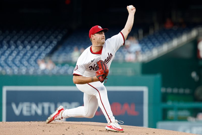 Sep 12, 2024; Washington, District of Columbia, USA; Washington Nationals starting pitcher Mitchell Parker (70) pitches against the Miami Marlins during the first inning at Nationals Park. Mandatory Credit: Geoff Burke-Imagn Images