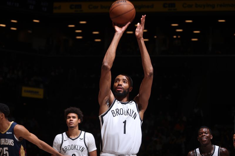 BROOKLYN, NY - MARCH 19: Mikal Bridges #1 of the Brooklyn Nets shoots a free throw during the game against the New Orleans Pelicans on March 19, 2024 at Barclays Center in Brooklyn, New York. NOTE TO USER: User expressly acknowledges and agrees that, by downloading and or using this Photograph, user is consenting to the terms and conditions of the Getty Images License Agreement. Mandatory Copyright Notice: Copyright 2024 NBAE (Photo by Nathaniel S. Butler/NBAE via Getty Images)