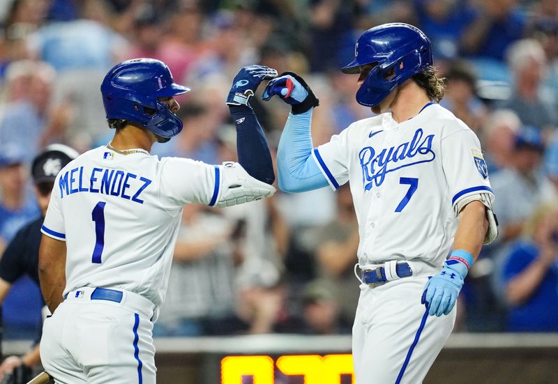 Aug 30, 2023; Kansas City, Missouri, USA; Kansas City Royals shortstop Bobby Witt Jr. (R) celebrates with left fielder MJ Melendez (1) after hitting a home run during the fourth inning against the Pittsburgh Pirates at Kauffman Stadium. Mandatory Credit: Jay Biggerstaff-USA TODAY Sports