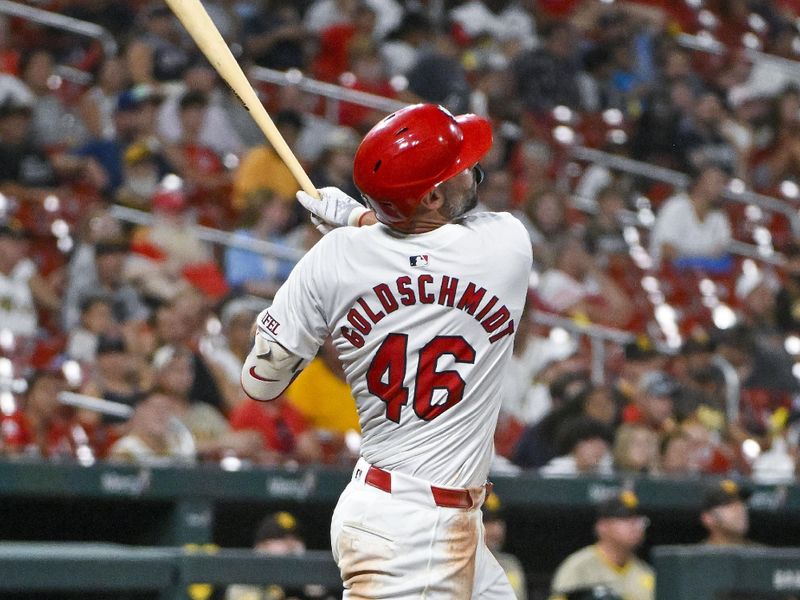 Aug 27, 2024; St. Louis, Missouri, USA;  St. Louis Cardinals first baseman Paul Goldschmidt (46) hits a two run home run against the San Diego Padres during the fifth inning at Busch Stadium. Mandatory Credit: Jeff Curry-USA TODAY Sports