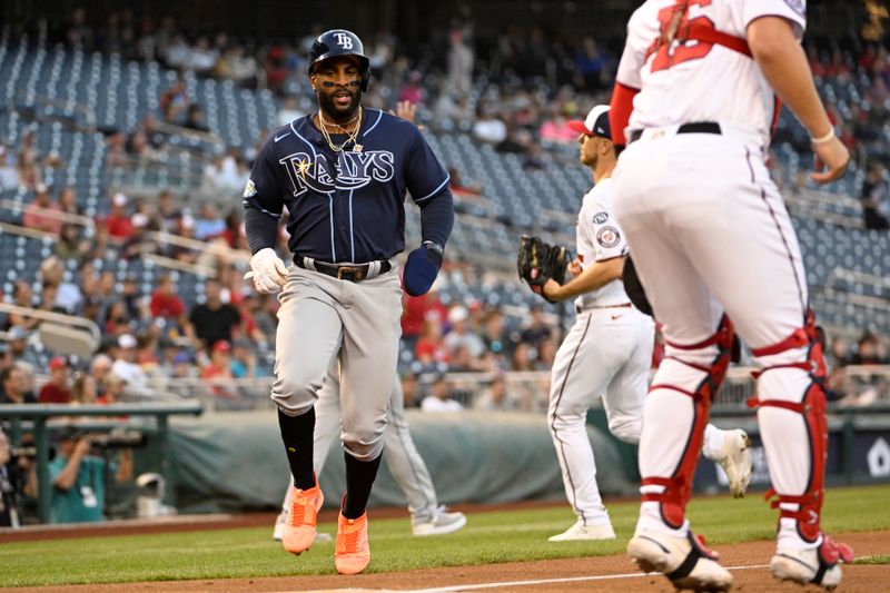 Apr 4, 2023; Washington, District of Columbia, USA; Tampa Bay Rays first baseman Yandy Diaz (2) scores a run against the Washington Nationals during the first inning at Nationals Park. Mandatory Credit: Brad Mills-USA TODAY Sports