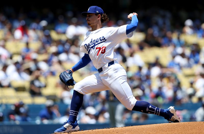 Jul 7, 2024; Los Angeles, California, USA; Los Angeles Dodgers pitcher Justin Wrobleski (70) throws in his major league debut during the first inning against the Milwaukee Brewers at Dodger Stadium. Mandatory Credit: Jason Parkhurst-USA TODAY Sports