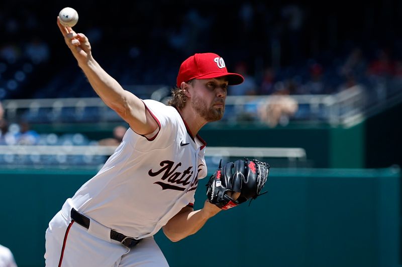 May 22, 2024; Washington, District of Columbia, USA; Washington Nationals pitcher Jake Irvin (27) pitches against the Minnesota Twins during the first inning at Nationals Park. Mandatory Credit: Geoff Burke-USA TODAY Sports