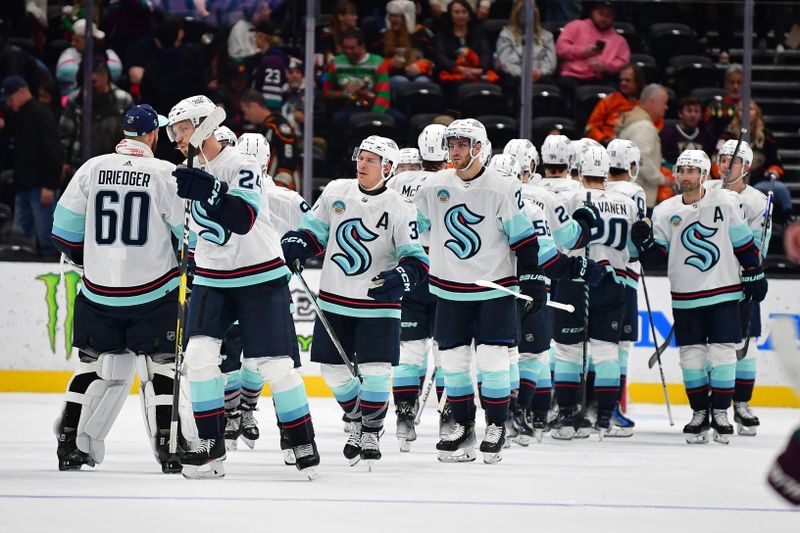 Dec 23, 2023; Anaheim, California, USA; Seattle Kraken celebrate the victory agaisnt the Anaheim Ducks at Honda Center. Mandatory Credit: Gary A. Vasquez-USA TODAY Sports