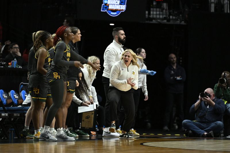 Mar 30, 2024; Portland, OR, USA; Baylor Lady Bears head coach Nicki Collen reacts to a call during the second half against the USC Trojans in the semifinals of the Portland Regional of the 2024 NCAA Tournament at the Moda Center. Mandatory Credit: Troy Wayrynen-USA TODAY Sports