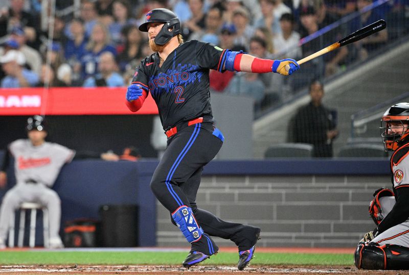 Jun 5, 2024; Toronto, Ontario, CAN;   Toronto Blue Jays designated hitter Justin Turner (2) hits a double against the Baltimore Orioles in the second inning at Rogers Centre. Mandatory Credit: Dan Hamilton-USA TODAY Sports 