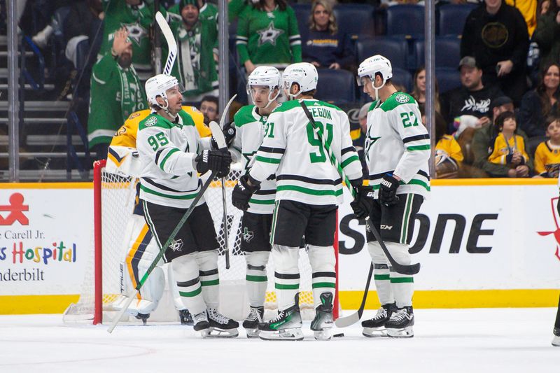 Feb 15, 2024; Nashville, Tennessee, USA; Dallas Stars center Wyatt Johnston (53) celebrates his goal against the Nashville Predators during the third period at Bridgestone Arena. Mandatory Credit: Steve Roberts-USA TODAY Sports