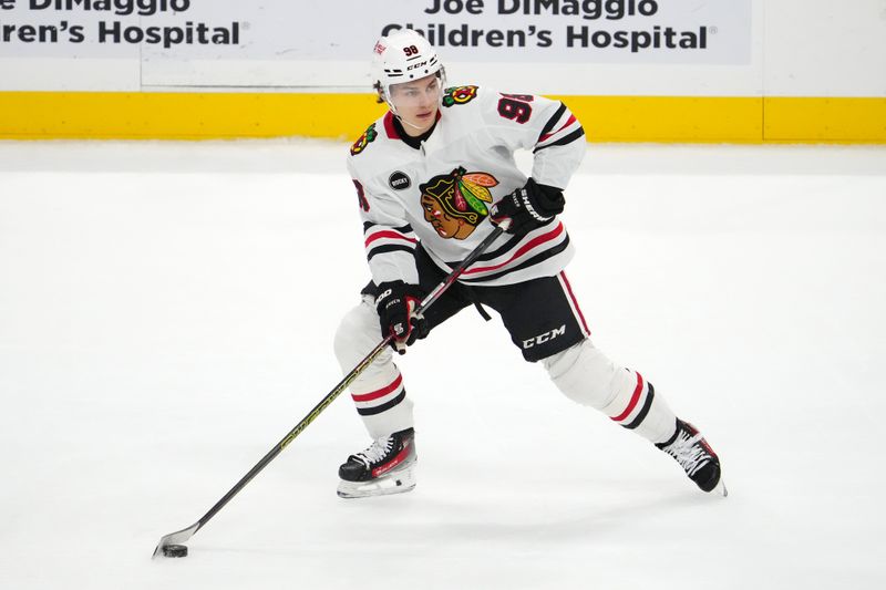 Nov 12, 2023; Sunrise, Florida, USA; Chicago Blackhawks center Connor Bedard (98) skates with the puck against the Florida Panthers during the third period at Amerant Bank Arena. Mandatory Credit: Jasen Vinlove-USA TODAY Sports