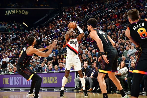 PHOENIX, AZ - JANUARY  1: Jerami Grant #9 of the Portland Trail Blazers shoots the ball during the game Phoenix Suns on January 1, 2024 at Footprint Center in Phoenix, Arizona. NOTE TO USER: User expressly acknowledges and agrees that, by downloading and or using this photograph, user is consenting to the terms and conditions of the Getty Images License Agreement. Mandatory Copyright Notice: Copyright 2024 NBAE (Photo by Kate Frese/NBAE via Getty Images)