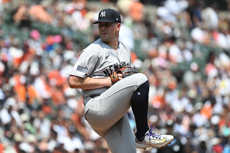 Jul 14, 2024; Baltimore, Maryland, USA;  New York Yankees pitcher Carlos Rodón (55) delivers a pitch during the second inning against the Baltimore Orioles at Oriole Park at Camden Yards. Mandatory Credit: James A. Pittman-USA TODAY Sports