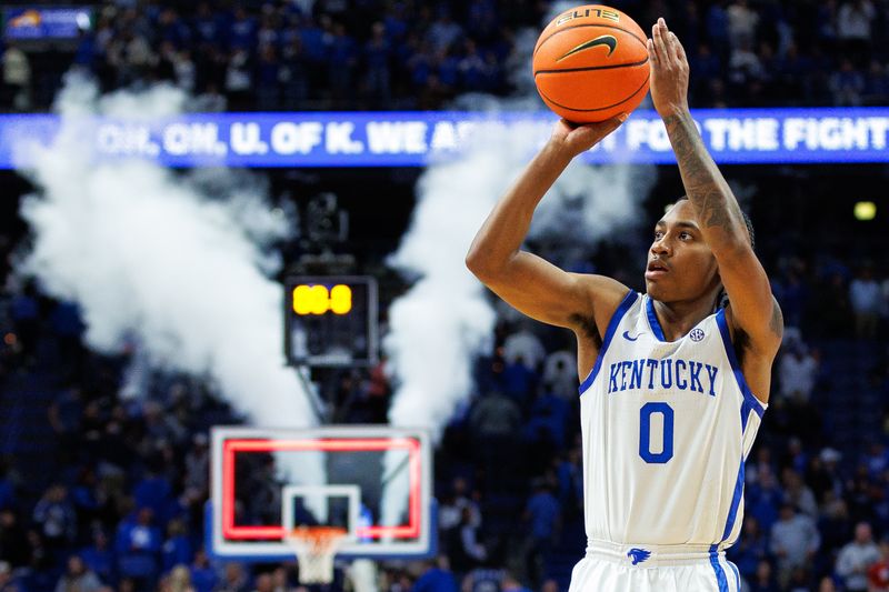 Nov 10, 2023; Lexington, Kentucky, USA; Kentucky Wildcats guard Rob Dillingham (0) shoots the ball after the final buzzer against the Texas A&M Commerce Lions at Rupp Arena at Central Bank Center. Mandatory Credit: Jordan Prather-USA TODAY Sports