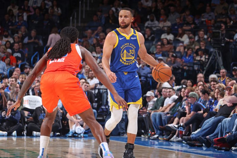 OKLAHOMA CITY, OK - NOVEMBER 10: Stephen Curry #30 of the Golden State Warriors dribbles the ball during the game against the Oklahoma City Thunder on November 10, 2024 at Paycom Center in Oklahoma City, Oklahoma. NOTE TO USER: User expressly acknowledges and agrees that, by downloading and or using this photograph, User is consenting to the terms and conditions of the Getty Images License Agreement. Mandatory Copyright Notice: Copyright 2024 NBAE (Photo by Nathaniel S. Butler/NBAE via Getty Images)