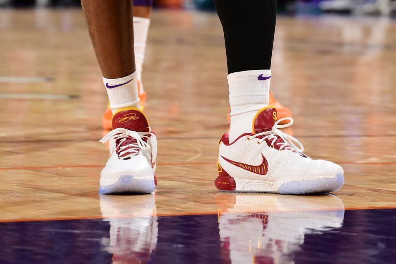 PHOENIX, AZ - FEBRUARY 25: The sneakers worn by LeBron James #23 of the Los Angeles Lakers during the game against the Phoenix Suns on February 25, 2024 at Footprint Center in Phoenix, Arizona. NOTE TO USER: User expressly acknowledges and agrees that, by downloading and or using this photograph, user is consenting to the terms and conditions of the Getty Images License Agreement. Mandatory Copyright Notice: Copyright 2024 NBAE (Photo by Kate Frese/NBAE via Getty Images)