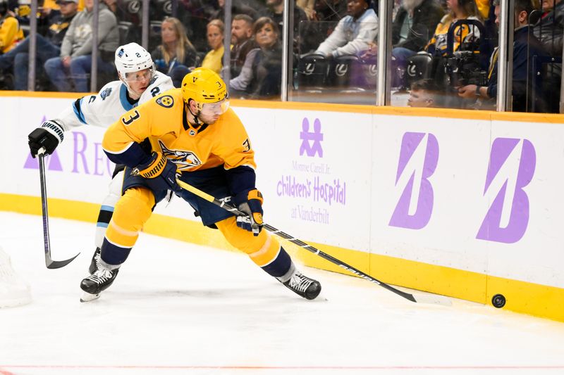 Nov 9, 2024; Nashville, Tennessee, USA;  Nashville Predators defenseman Jeremy Lauzon (3) skates behind the net against the Utah Hockey Club during the third period at Bridgestone Arena. Mandatory Credit: Steve Roberts-Imagn Images