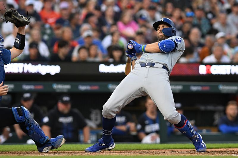 Jul 12, 2024; Detroit, Michigan, USA;  Los Angeles Dodgers second baseman Chris Taylor (3) backs away from a high inside pitch against the Detroit Tigers in the seventh inning at Comerica Park. Mandatory Credit: Lon Horwedel-USA TODAY Sports