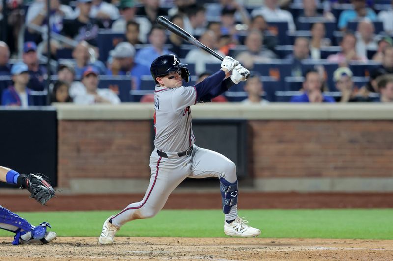 Jun 24, 2025; New York City, New York, USA; Atlanta Braves shortstop Nick Allen (2) follows through on an RBI single against the New York Mets during the sixth inning at Citi Field. Mandatory Credit: Brad Penner-Imagn Images