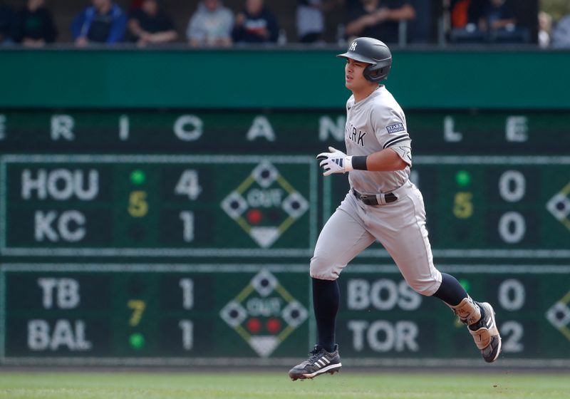 Sep 17, 2023; Pittsburgh, Pennsylvania, USA;  New York Yankees shortstop Anthony Volpe (11) circles the bases on a solo home run against the Pittsburgh Pirates during the seventh inning at PNC Park. Pittsburgh won 3-2. Mandatory Credit: Charles LeClaire-USA TODAY Sports