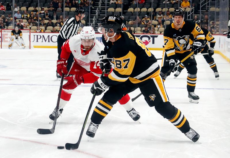 Oct 1, 2024; Pittsburgh, Pennsylvania, USA;  Pittsburgh Penguins center Sidney Crosby (87) moves the puck against Detroit Red Wings center Tyler Motte (14) during the first period at PPG Paints Arena. Mandatory Credit: Charles LeClaire-Imagn Images