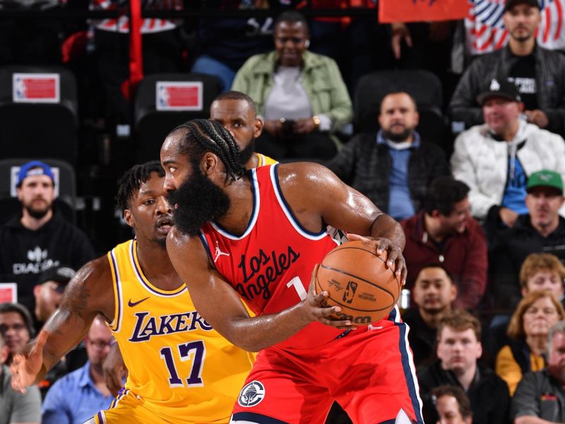 INGLEWOOD, CA - FEBRUARY 4: James Harden #1 of the LA Clippers handles the ball during the game against the Los Angeles Lakers on February 4, 2025 at Intuit Dome in Los Angeles, California. NOTE TO USER: User expressly acknowledges and agrees that, by downloading and/or using this Photograph, user is consenting to the terms and conditions of the Getty Images License Agreement. Mandatory Copyright Notice: Copyright 2025 NBAE (Photo by Juan Ocampo/NBAE via Getty Images)