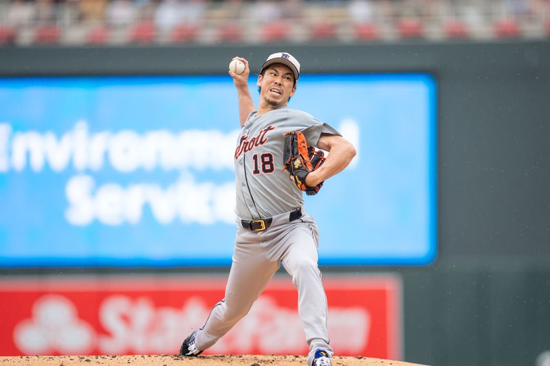 Jul 4, 2024; Minneapolis, Minnesota, USA; Detroit Tigers starting pitcher Kenta Maeda (18) pitches to the Minnesota Twins in the second inning at Target Field. Mandatory Credit: Matt Blewett-USA TODAY Sports