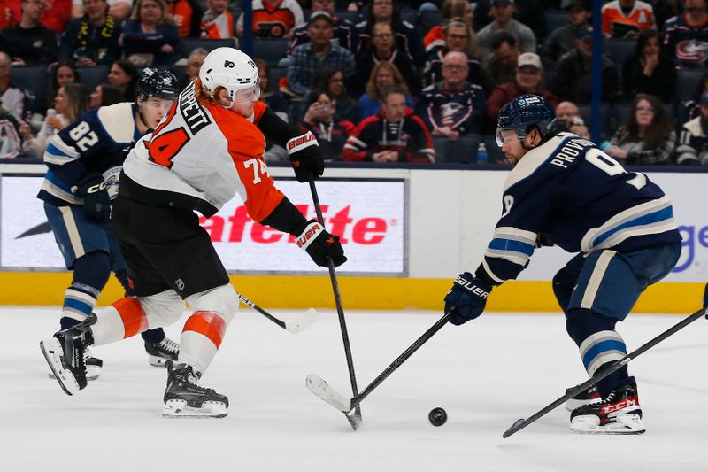 Apr 6, 2024; Columbus, Ohio, USA; Columbus Blue Jackets defenseman Ivan Provorov (9) deflects the shot attempt of Philadelphia Flyers right wing Owen Tippett (74) during the second period at Nationwide Arena. Mandatory Credit: Russell LaBounty-USA TODAY Sports