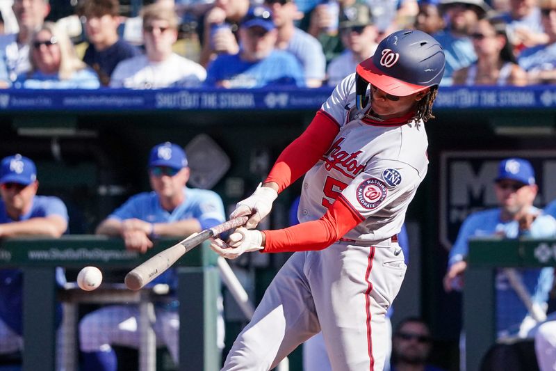 May 27, 2023; Kansas City, Missouri, USA; Washington Nationals shortstop CJ Abrams (5) breaks his bat against the Kansas City Royals in the sixth inning at Kauffman Stadium. Mandatory Credit: Denny Medley-USA TODAY Sports