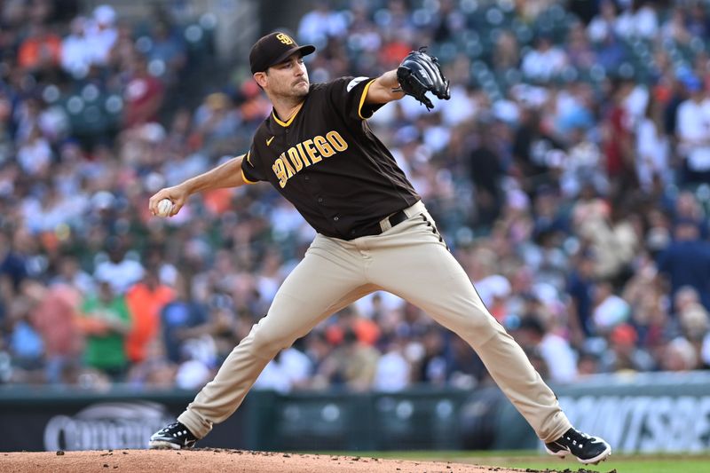 Jul 21, 2023; Detroit, Michigan, USA;  San Diego Padres starting pitcher Seth Lugo (67) throws a pitch against the Detroit Tigers in the first inning at Comerica Park. Mandatory Credit: Lon Horwedel-USA TODAY Sports