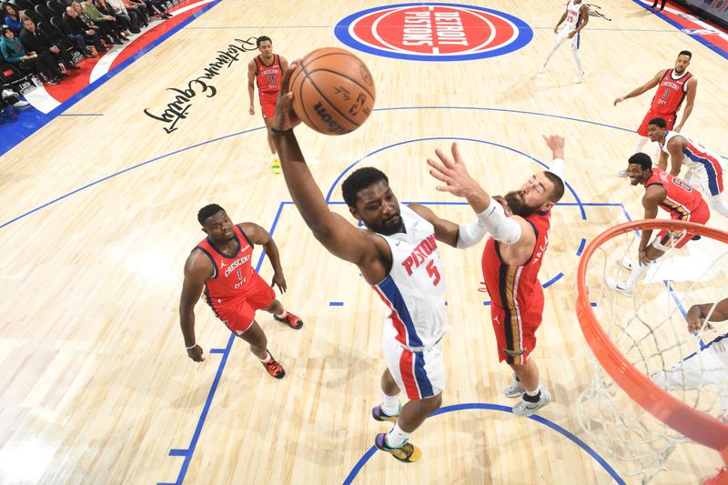 DETROIT, MI - MARCH 24: Chimezie Metu #4 of the Detroit Pistons dunks the ball during the game against the New Orleans Pelicans on March 24, 2024 at Little Caesars Arena in Detroit, Michigan. NOTE TO USER: User expressly acknowledges and agrees that, by downloading and/or using this photograph, User is consenting to the terms and conditions of the Getty Images License Agreement. Mandatory Copyright Notice: Copyright 2024 NBAE (Photo by Chris Schwegler/NBAE via Getty Images)