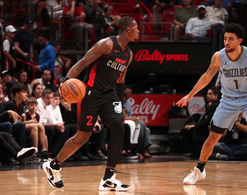 MIAMI, FL - JANUARY 24:   Terry Rozier #2 of the Miami Heat handles the ball during the game against the Memphis Grizzlies on January 24, 2024 at Kaseya Center in Miami, Florida. NOTE TO USER: User expressly acknowledges and agrees that, by downloading and or using this Photograph, user is consenting to the terms and conditions of the Getty Images License Agreement. Mandatory Copyright Notice: Copyright 2024 NBAE (Photo by Issac Baldizon/NBAE via Getty Images)