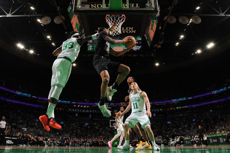 BOSTON, MA - FEBRUARY 14: Keon Johnson #45 of the Brooklyn Nets drives to the basket during the game against the Boston Celtics on February 14, 2024 at the TD Garden in Boston, Massachusetts. NOTE TO USER: User expressly acknowledges and agrees that, by downloading and or using this photograph, User is consenting to the terms and conditions of the Getty Images License Agreement. Mandatory Copyright Notice: Copyright 2024 NBAE  (Photo by Brian Babineau/NBAE via Getty Images)