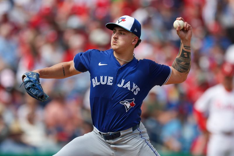 Mar 9, 2024; Clearwater, Florida, USA;  Toronto Blue Jays pitcher Ricky Tiedemann (70) throws a pitch against the Philadelphia Phillies in the second inning at BayCare Ballpark. Mandatory Credit: Nathan Ray Seebeck-USA TODAY Sports