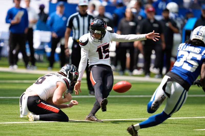 Houston Texans place kicker Ka'imi Fairbairn (15) kicks a field goal during the first half of an NFL football game against the Indianapolis Colts, Sunday, Sept. 8, 2024, in Indianapolis. (AP Photo/Michael Conroy)