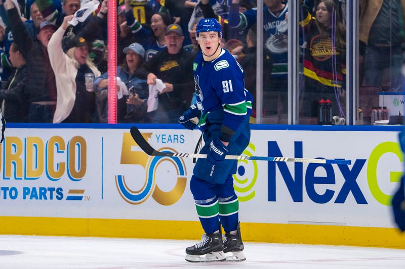 May 8, 2024; Vancouver, British Columbia, CAN; Vancouver Canucks defenseman Nikita Zadorov (91) celebrates his goal against the Edmonton Oilers during the third period in game one of the second round of the 2024 Stanley Cup Playoffs at Rogers Arena. Mandatory Credit: Bob Frid-USA TODAY Sports