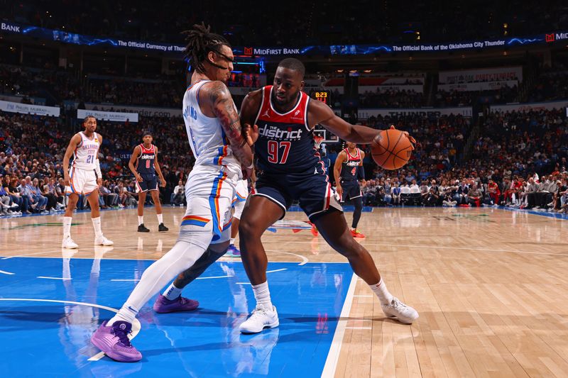 OKLAHOMA CITY, OK - FEBRUARY 23: Eugene Omoruyi #97 of the Washington Wizards handles the ball during the game against the Oklahoma City Thunder on February 23, 2024 at Paycom Arena in Oklahoma City, Oklahoma. NOTE TO USER: User expressly acknowledges and agrees that, by downloading and or using this photograph, User is consenting to the terms and conditions of the Getty Images License Agreement. Mandatory Copyright Notice: Copyright 2024 NBAE (Photo by Zach Beeker/NBAE via Getty Images)