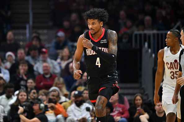 CLEVELAND, OHIO - DECEMBER 18: Jalen Green #4 of the Houston Rockets celebrates after scoring during the second quarter against the Cleveland Cavaliers at Rocket Mortgage Fieldhouse on December 18, 2023 in Cleveland, Ohio. NOTE TO USER: User expressly acknowledges and agrees that, by downloading and or using this photograph, User is consenting to the terms and conditions of the Getty Images License Agreement. (Photo by Jason Miller/Getty Images)